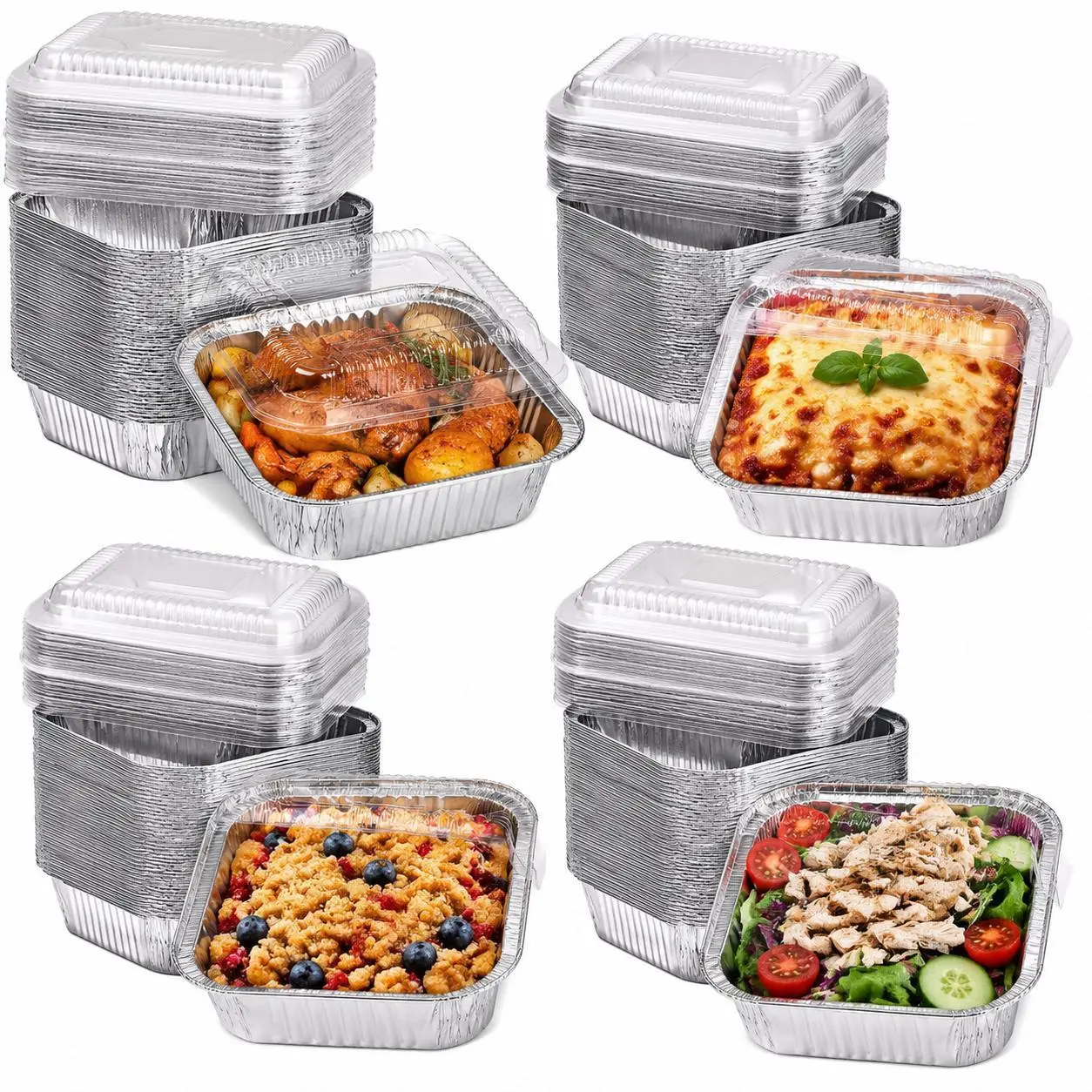 30-Pack Durable Disposable Aluminium Foil Containers with Plastic Lids, Rectangular Disposable Pans for Meal Prep, Storage, BBQ & Oven-Freezer Safe Takeaway Food Trays