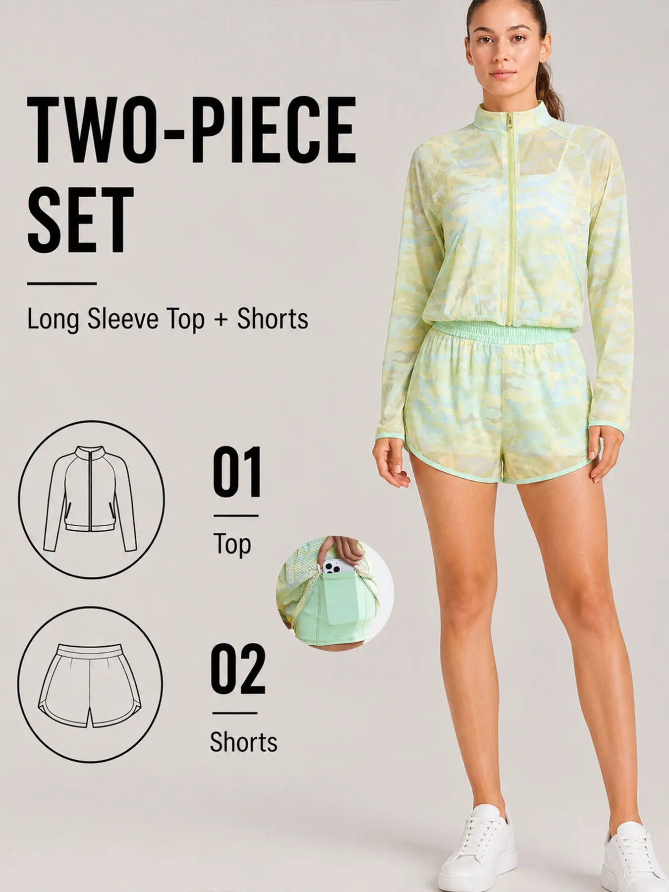 Fashion Light Camo Sun Protection Two-Piece Set, Breathable Mesh Design, Ideal for Light Sports, Outdoor Activities, Summer Wear