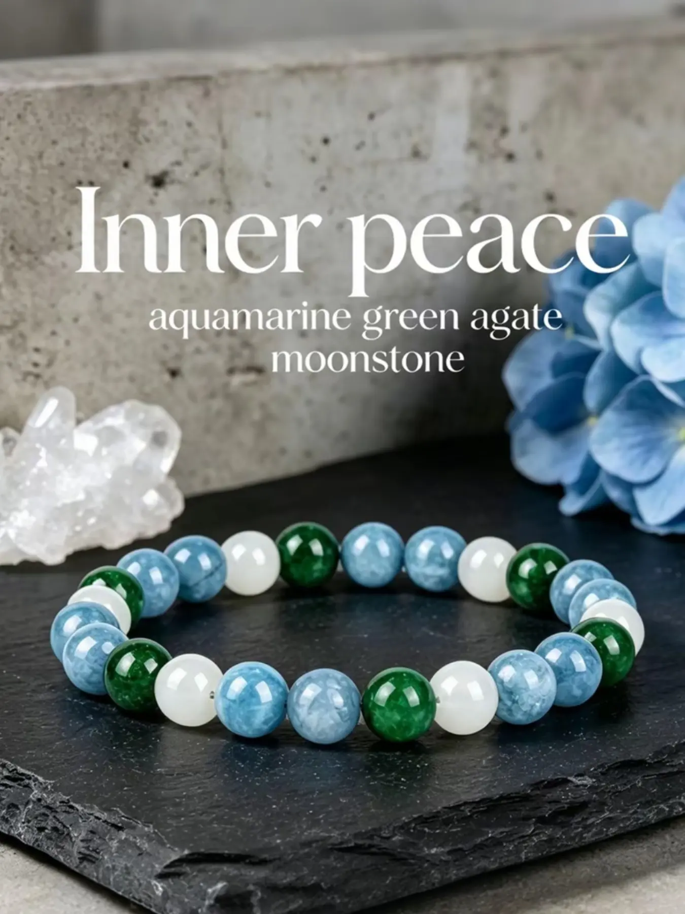 Inner Peace Genuine Aquamarine and Moonstone Bead Bracelet, Anxiety Relief, Emotional Balance, Spiritual Calm, Gift for Her