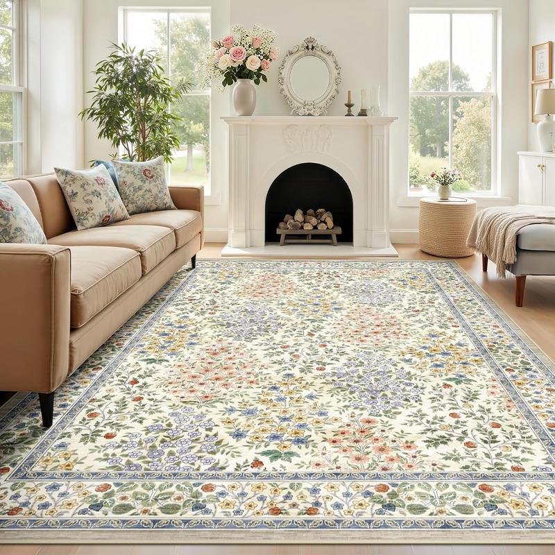 8x10 Area Rugs, Machine Washable Low Pile Floral Faux Cashmere Rugs for Living Room, Bedroom, Large Boho Area Faux Cashmere Rug with Non-Slip Backing for Dining Room(Beige Floral)