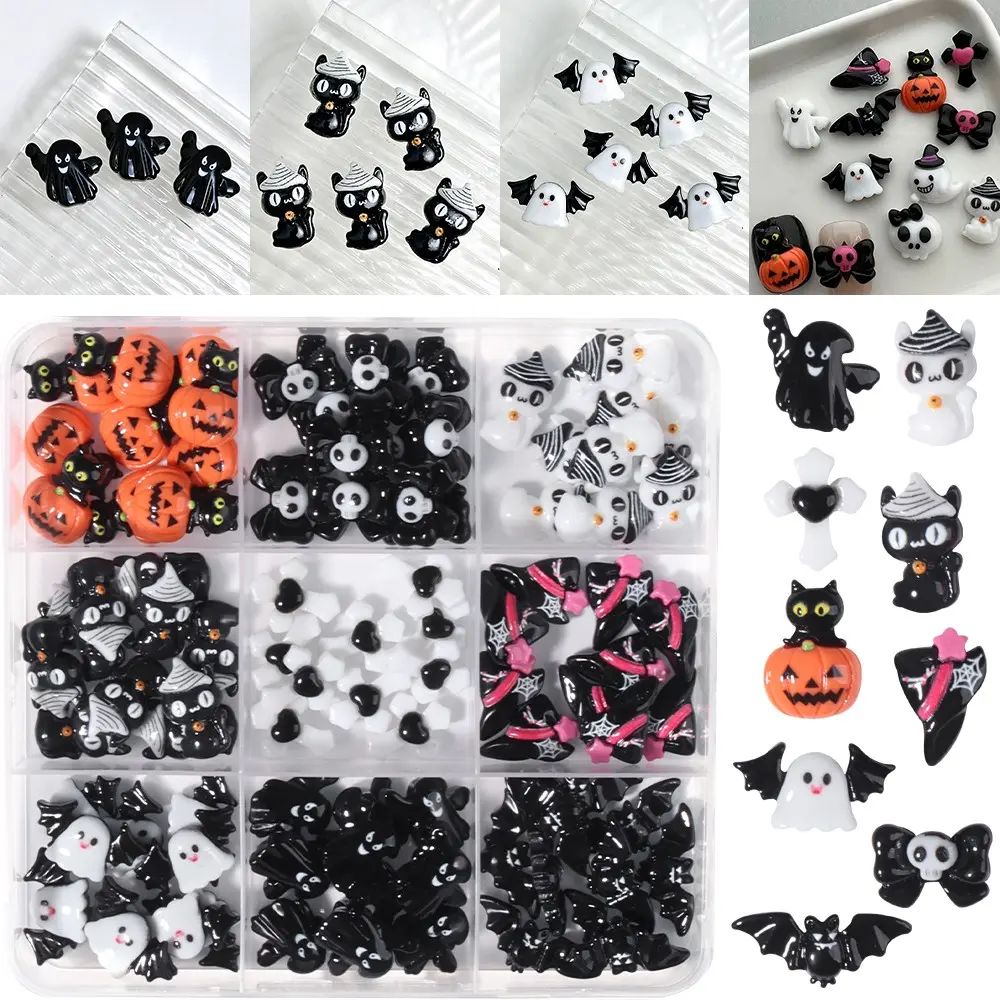 90 Pcs Halloween Nail Art Charms Set, 3D Resin Gothic Designs, Ghost Skull Cat Pumpkin Cross Bowtie, Nail Art Accessories for Women
