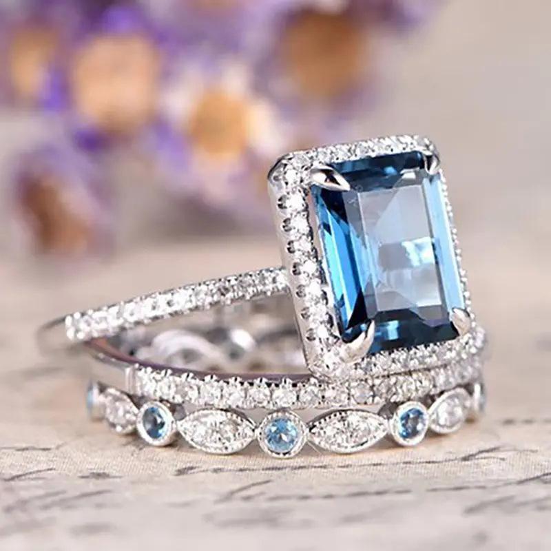 3-Piece Stackable Ring Set for Women, 925 Sterling Silver Emerald-Cut Ocean Blue Zircon with Pavé Cubic Zirconia Halo, Luxury Bridal Wedding Band Set, Hypoallergenic Statement Jewelry for Engagement Anniversary Party Daily Wear