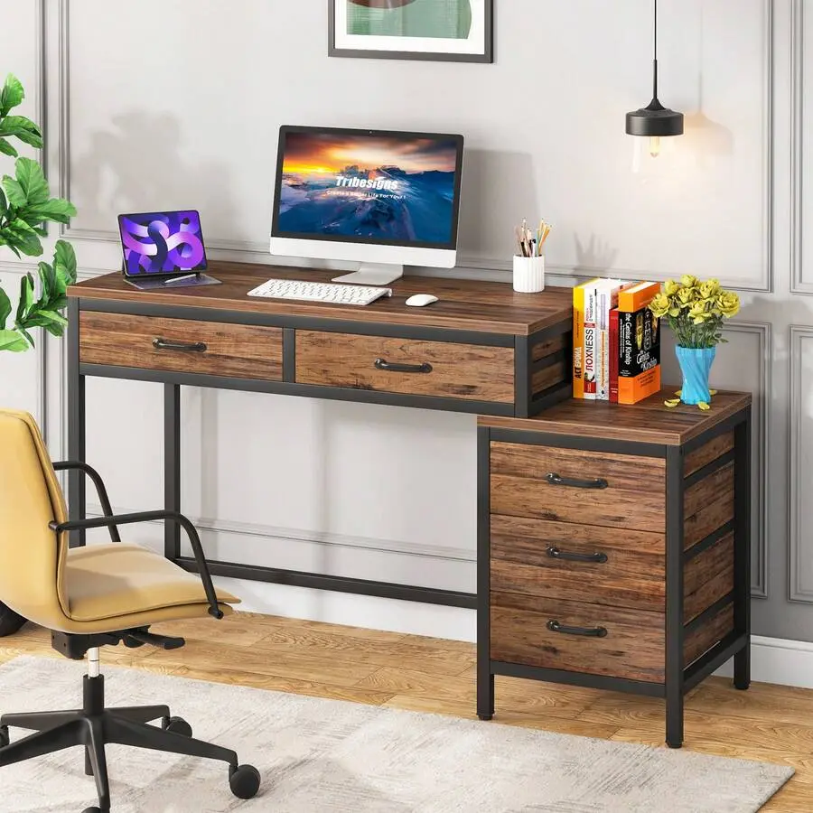 Home Office Desk With 5 Drawers, Industrial Computer Desk With Reversible Printer Stand, Rustic Brown Writing Table Workstation Small Spaces