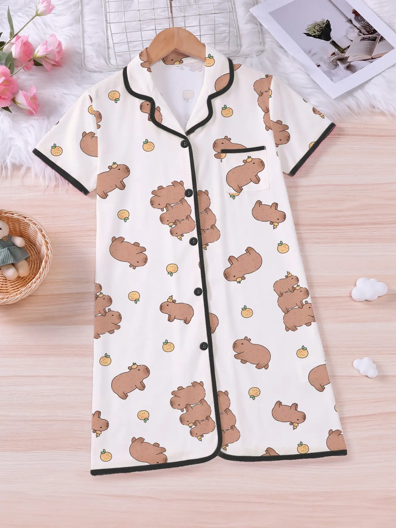 Kids' Capybara Print Nightdress, Summer Short Sleeve Collared Button Dress, Cute Fashion Sleepwear, Party Wear, Outdoor Home Clothes