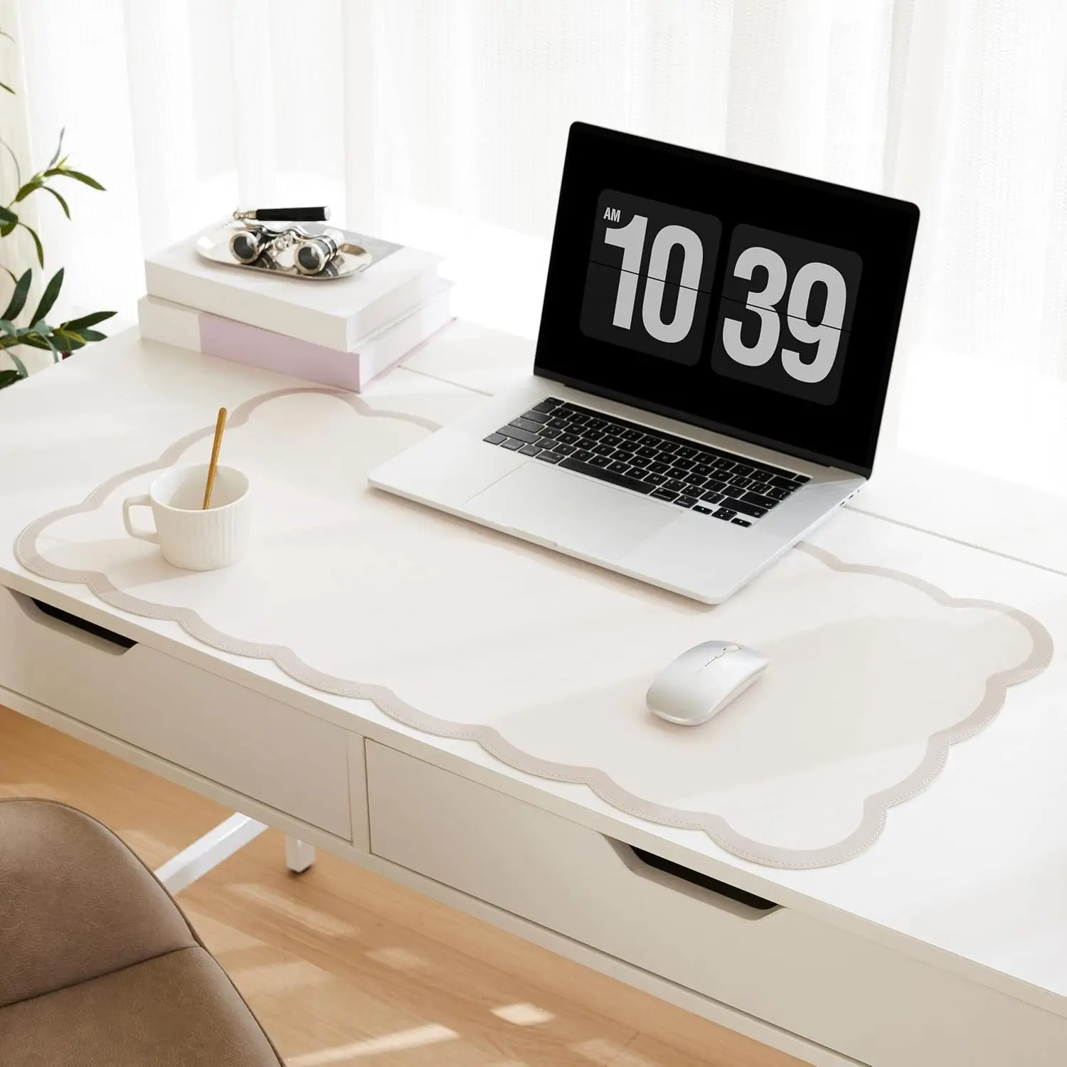31.5" x 15.7" Scalloped Cute Aesthetic PU Leather Large Desk Mat Mouse Keyboard Pad for Laptop Vanity Work Home Decor Beige