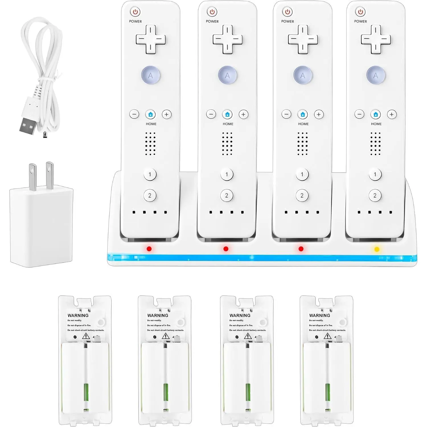 4 in 1 Wii Remote Charger,Charging Station with 4 Pack 2800mAh Rechargeable Battery,Plugs,USB Cable for Wii/Wii U Remote Controller (White)