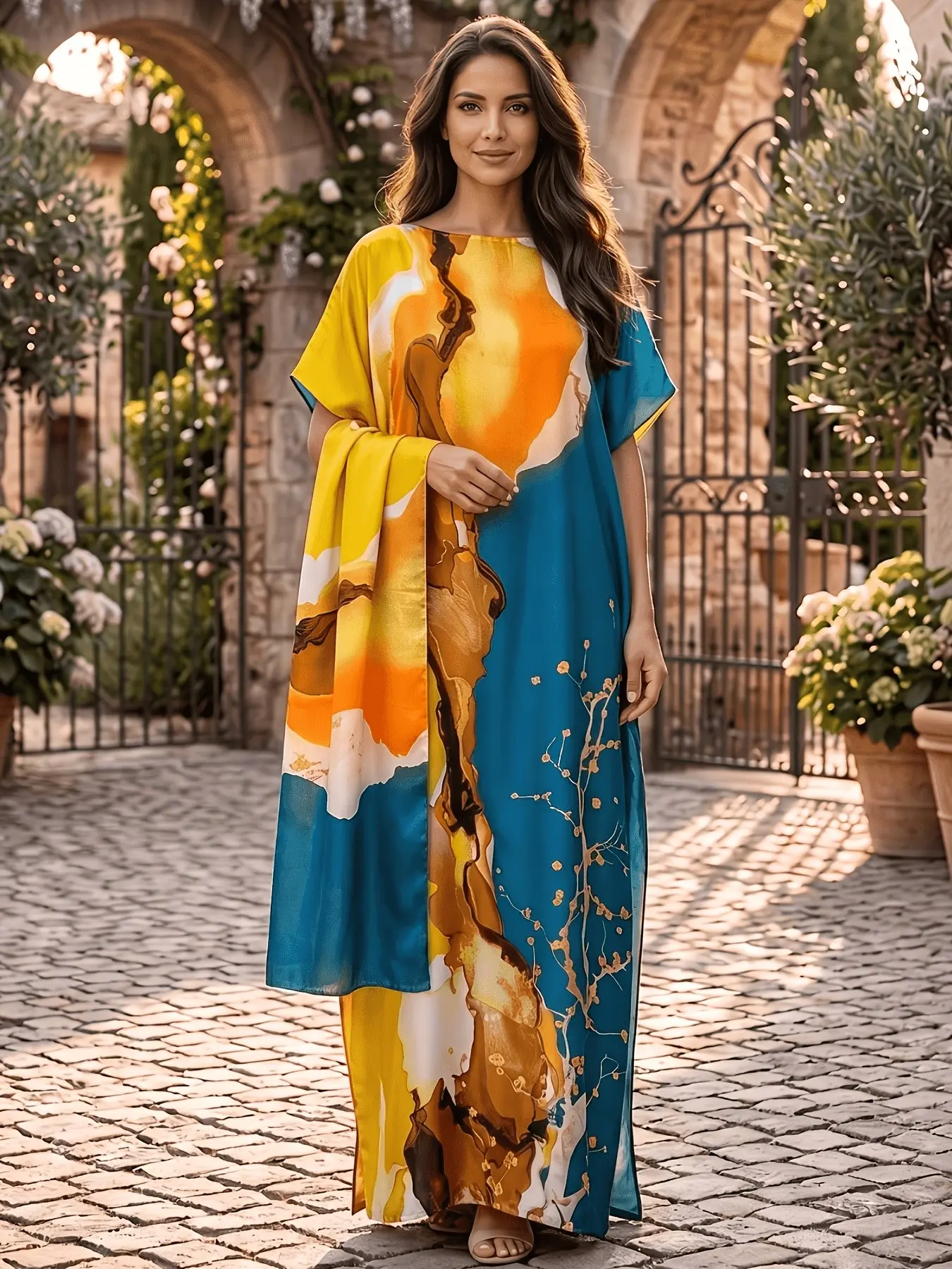Plus Size 2-Piece Yellow and Blue Abstract Print Silky Caftan Dress Set with Scarf, Women's Marble Watercolor Maxi Dress, Elegant Plus Size Resort Wear