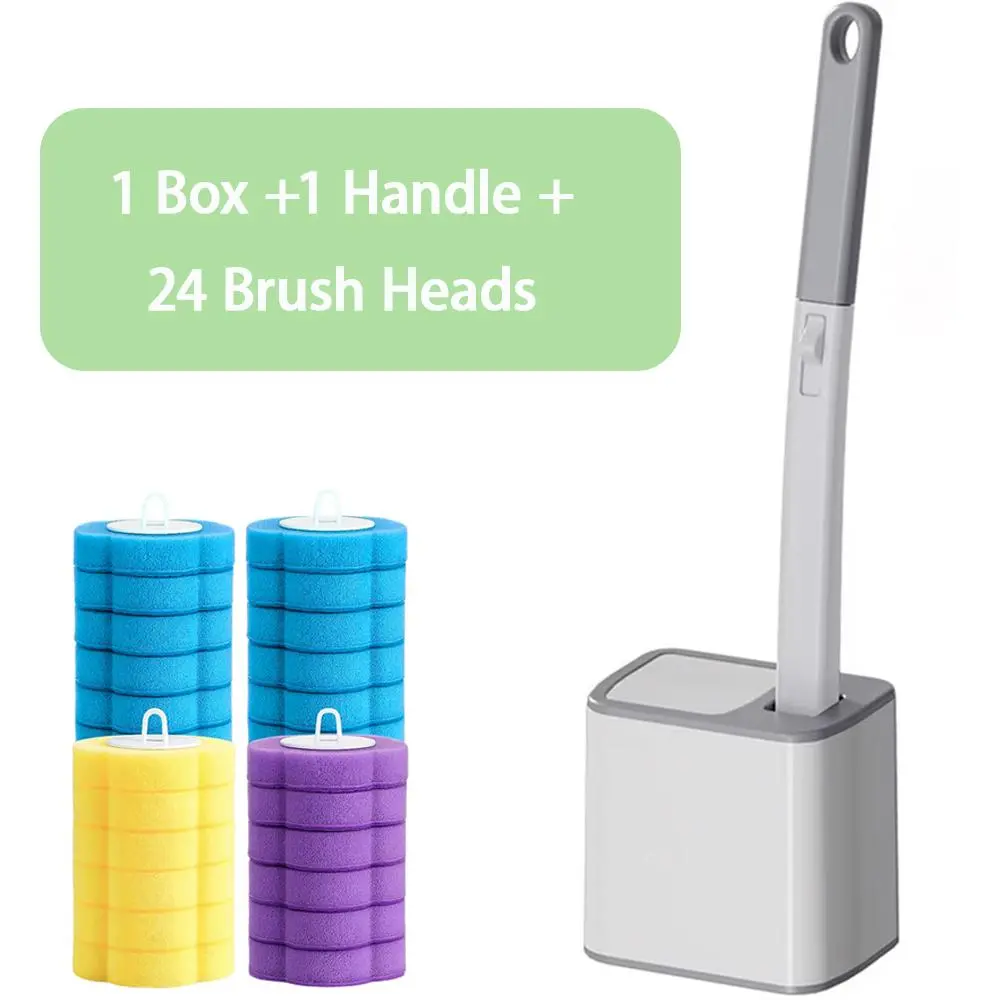 Disposable Toilet Cleaning Brush Wand, Toilet Scrub Caddy Set with 24 Disposable Brush Heads, Household Tool for Urinal Basin Drain Bathtub Sink, Wall-Mount Bathroom Scrub Brush