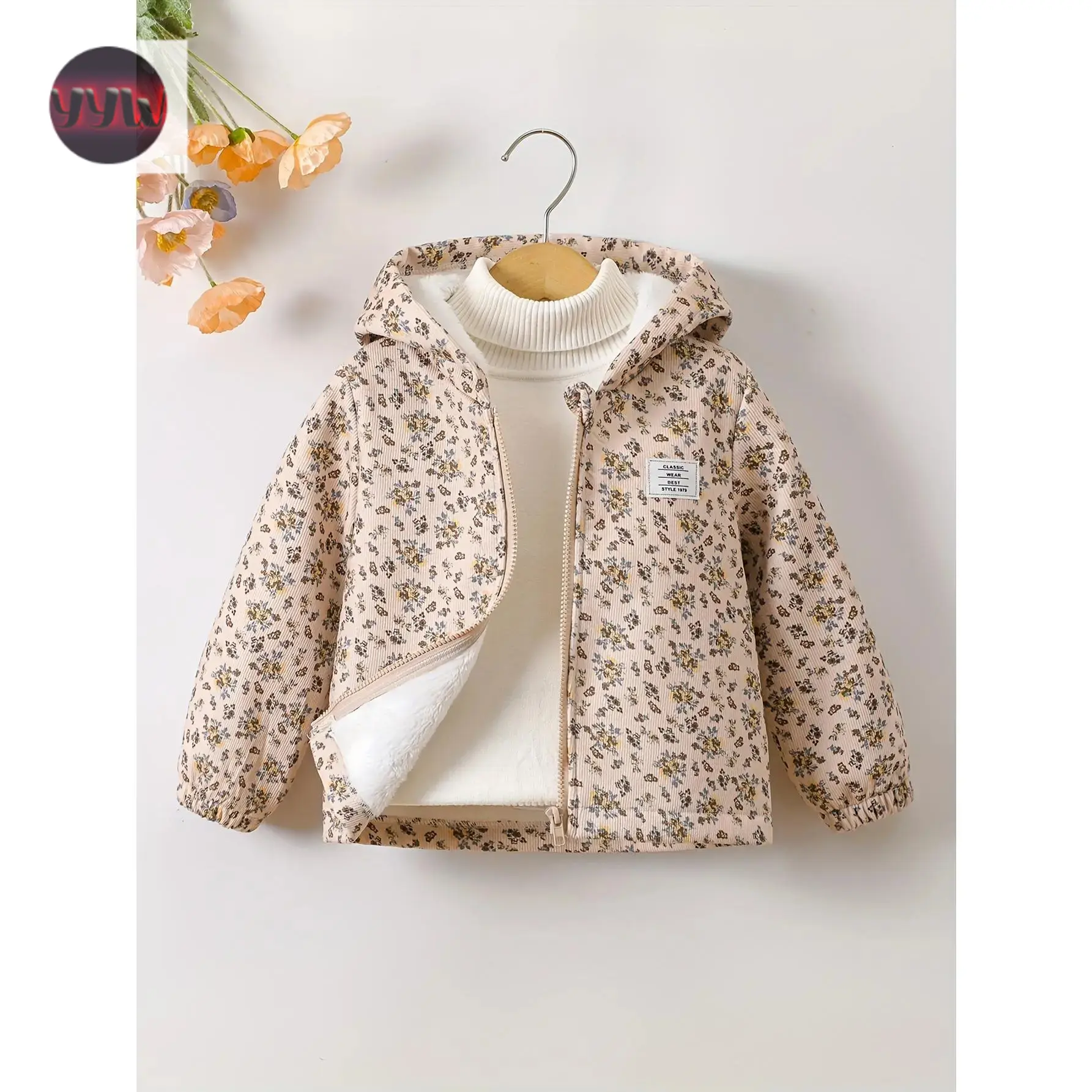 YYW1 Floral-inspired Girls Winter Hooded Coat, With Zip Closure And Elastic Cuffs, Plush-lined Warm Casual Jacket Coats Going Out