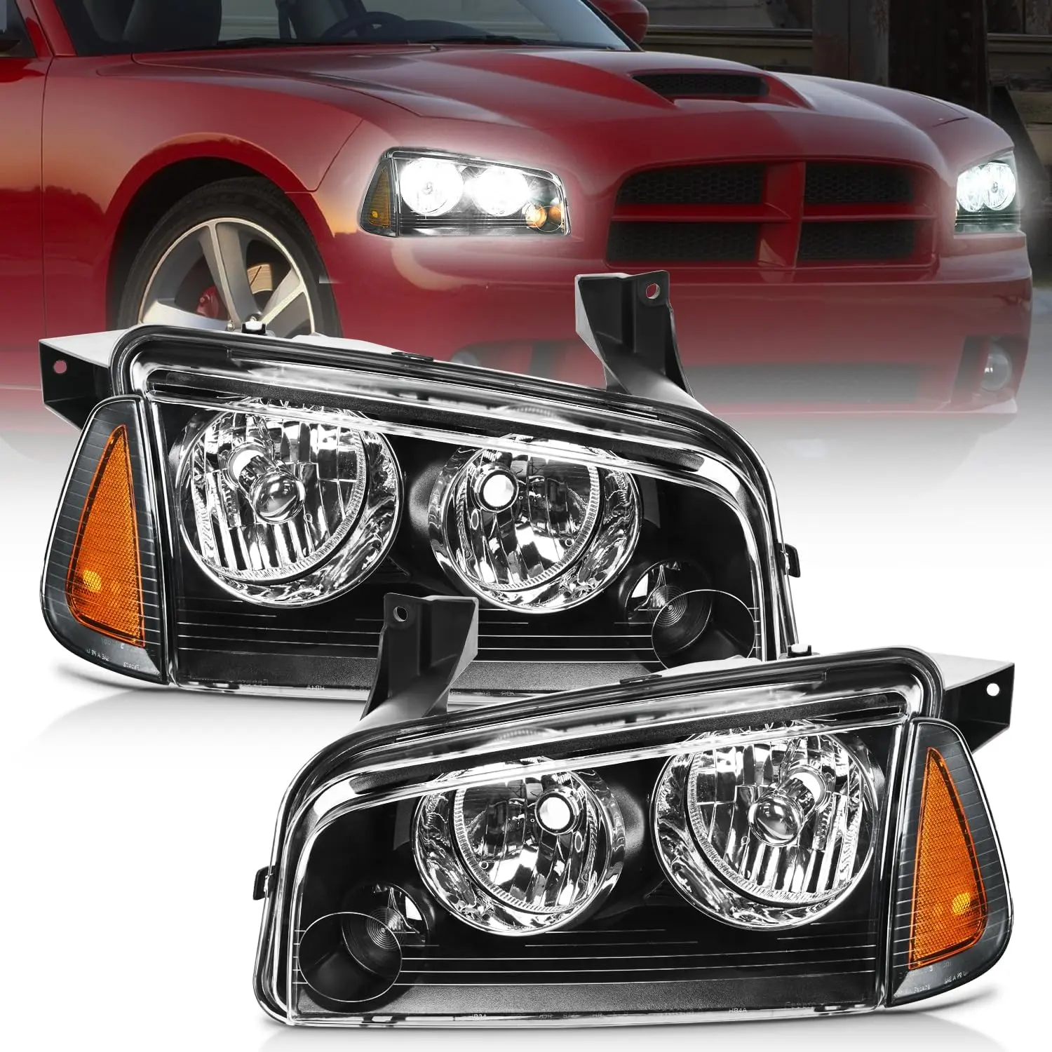 Nilight Headlight Assembly Compatible with 2006 2007 2008 2009 2010 Dodge Charger Black Housing Amber Reflector Clear Lens Headlights Replacement Bumper Lamp Set Driver and Passenger Side