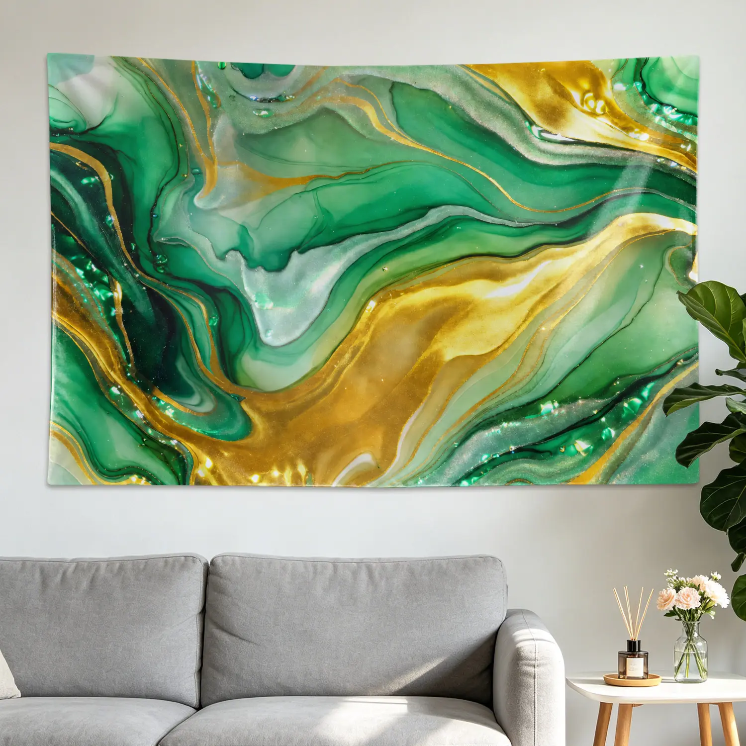 Emerald Green Gold Marble Abstract Art Tapestry - Large Printed Horizontal Polyester Wall Hanging, No-Installation Artwork for Living Room Room Decor, Indoor-Outdoor Gift Idea for Home Supplies Marble Tapestries