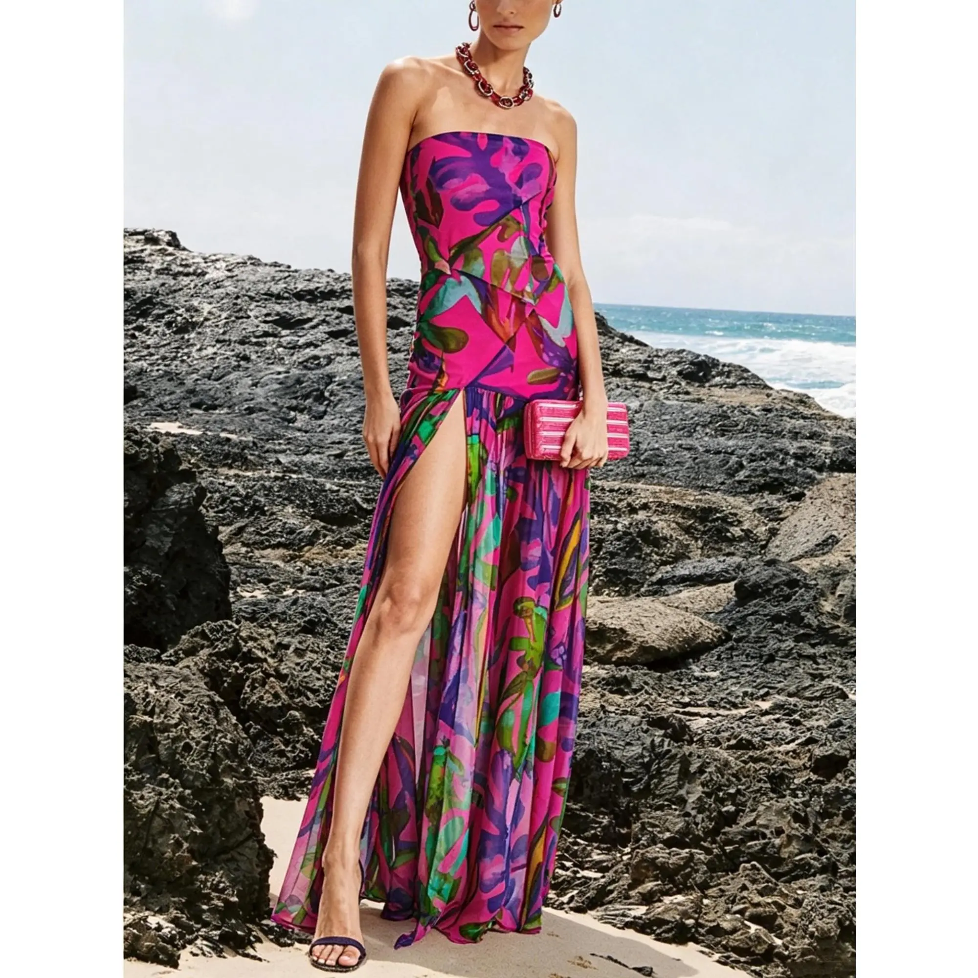 Tube Top Dress Women Tropical Leopard Print Strapless Backless Mesh Patchwork High Slit Long Dress for Party Club Night