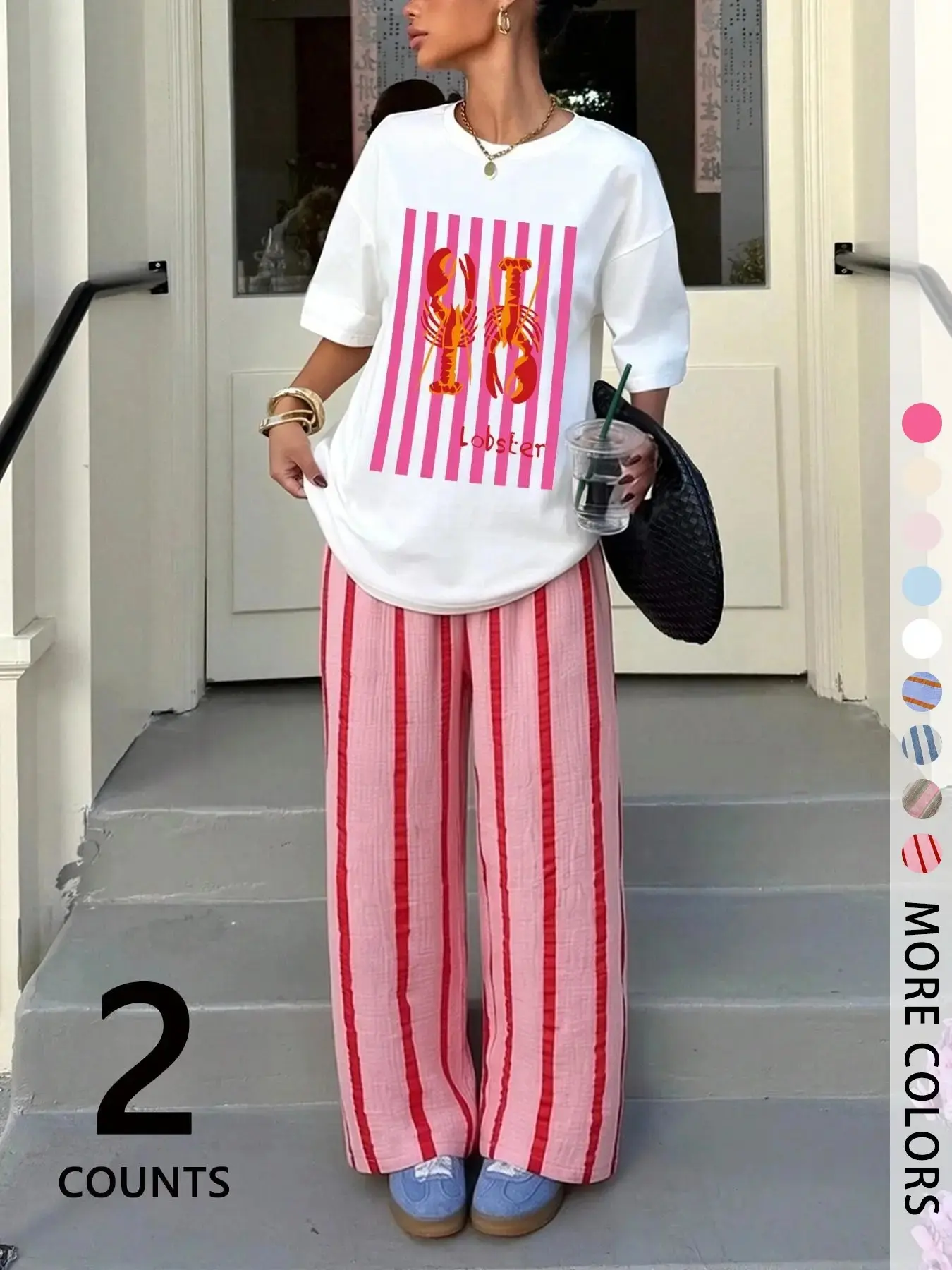 Lobster Graphic Striped Print Baggy Oversized Tee & Vertical Stripe Wide Leg Pants 2-Piece Set | Crinkle Breathable Fabric, Preppy Coastal Casual Outfit For Beach Vacation & Daily Errands