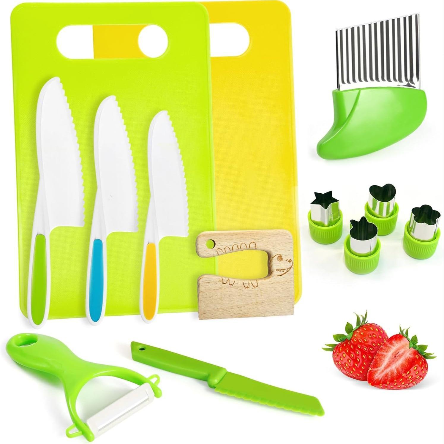 13-piece child-safe knife set, Miniature cooking set, Suitable for real cooking, kid-friendly plastic chef tools for toddlers, bright colors, great gifts for kids, Play Kitchen Accessories
