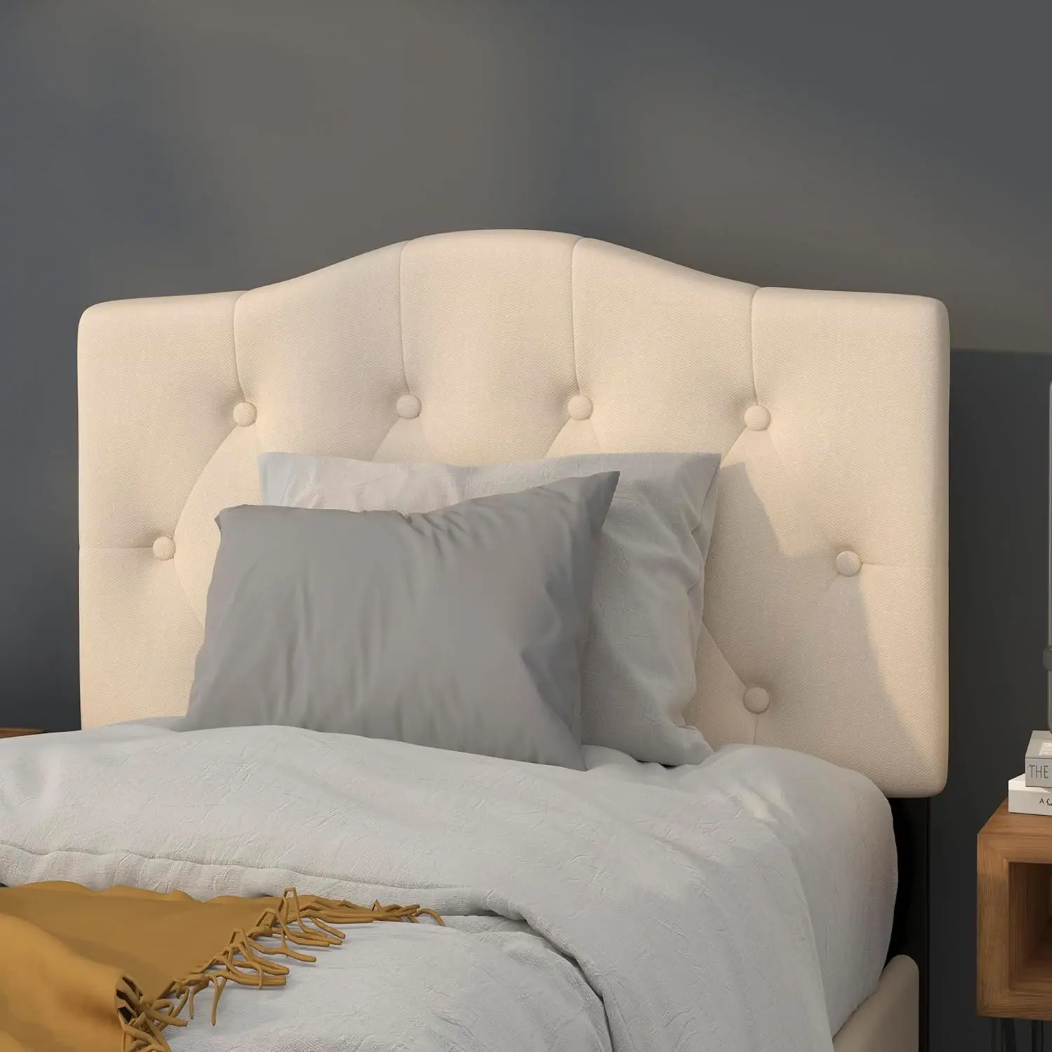 Twin Size Tufted Upholstered Headboard with Adjustable Metal Bed Rail Slots, Modern Fabric Upholstered Twin Headboard, Beige