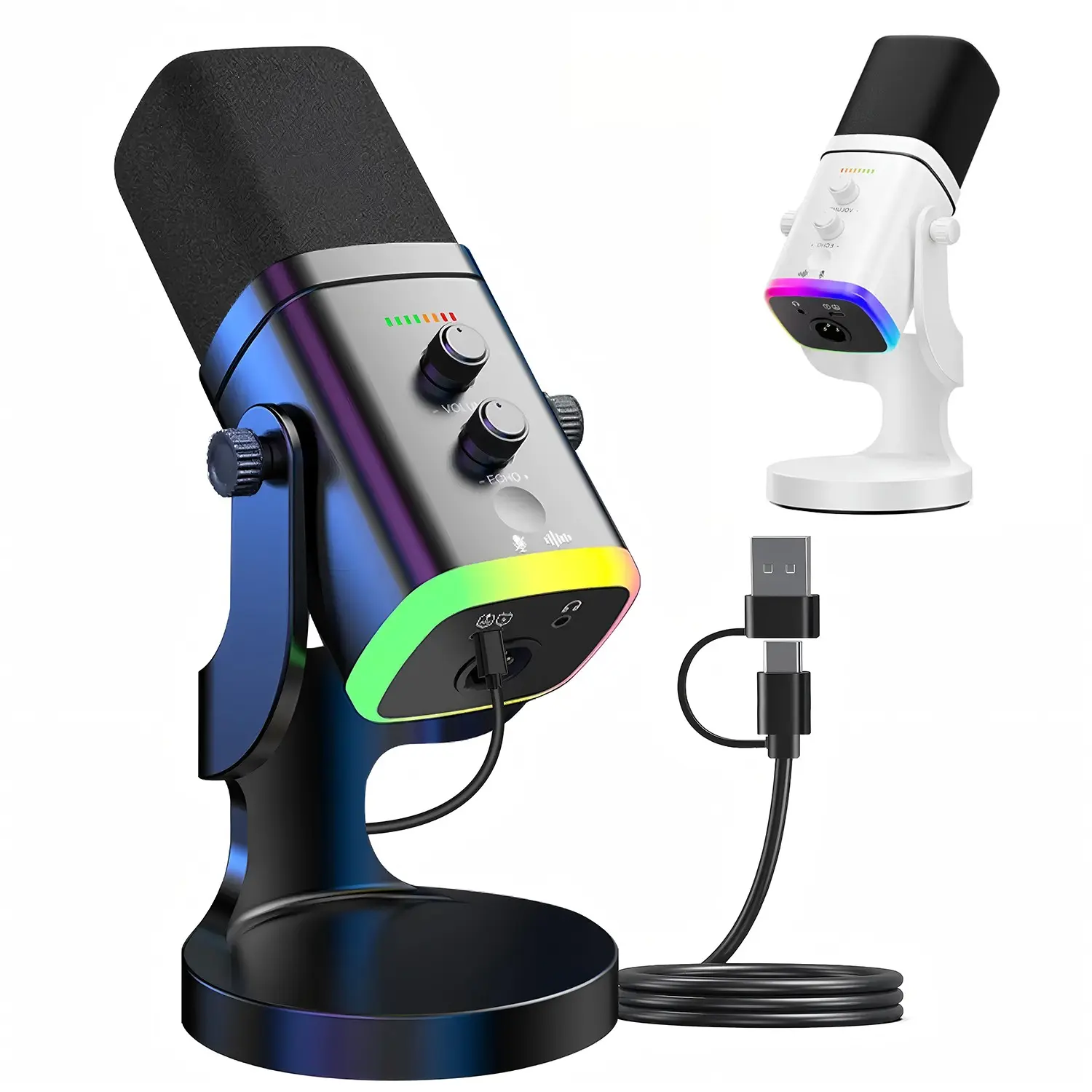 Professional Dynamic RGB Gaming Microphone, USB Streaming Mic with Noise Reduction, Mute Function, Volume Control, Headphone Monitoring for TikTok Live, YouTube, Twitch, Discord & Podcast Recording