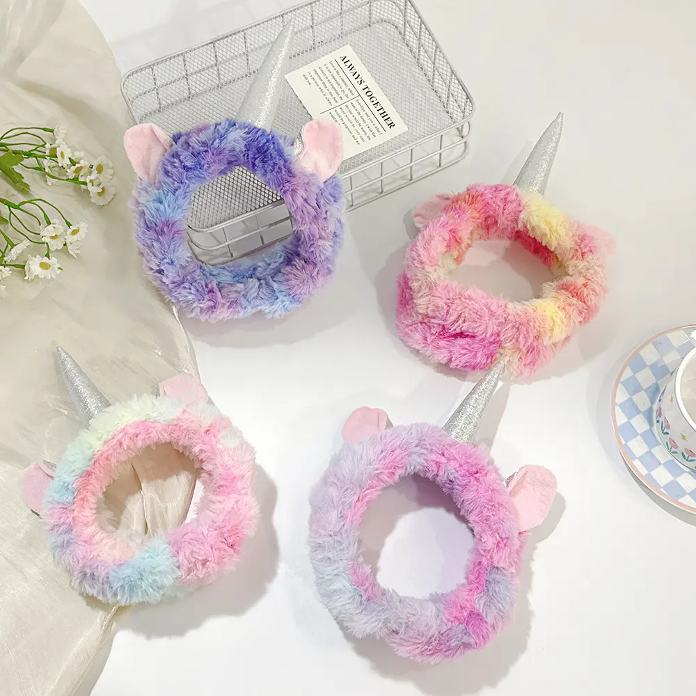 Gradient Rainbow Unicorn Horn Fluffy Spa Headband Plush Hair Wrap For Girls Party Skincare Makeup, Party Wear, Fabric, No Shedding, Party Decorations, Elastic Bands