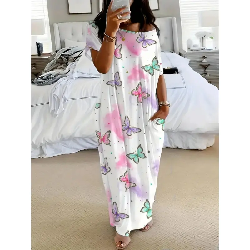 Women's Tie-Dye Butterfly Heart Print Nightgown Sleepwear, Round Neck Loose Fit with Pockets, Comfortable Soft Sleep Dress, Nightwear Loungewear for All Seasons