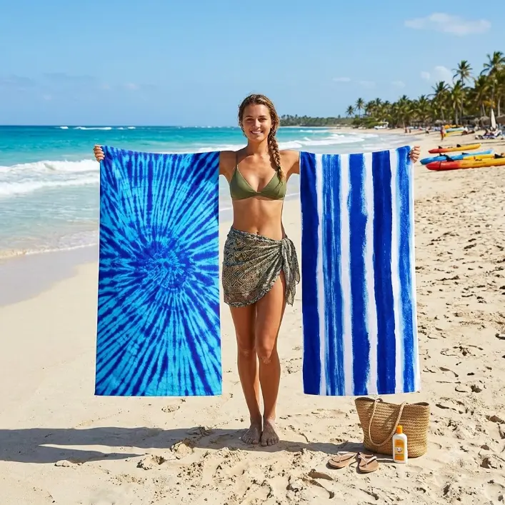 2 Packs Oversized Beach Towel Set Extra Large Big XL Pool Camping Swim Clearance Towels 35x70 Soft Blanket Cruise Essentials Accessories Must Haves Vacation Necessities Adult Gifts Stripe Boho Blue