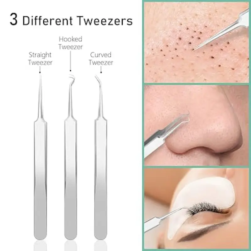 8-Piece Arc Blackhead Tweezers Set, Professional Stainless Steel Acne Removal Tool Kit, Facial Nose Pore Cleansing, Beauty Salon Tools