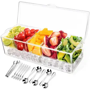 Condiment Tray with Stainless Steel 5 Spoons, 5 Forks and 1 Clip, Chilled Condiment Server, Bar Garnish Holder on Ice, Bar Accessories Fruit and Salad with Removable Trays and Lid