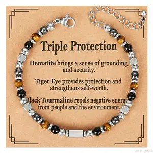 Black Tourmaline Protection Bracelet, Triple Shield Hematite & Tiger Eye Silver Beads, Durable Hypoallergenic Metal Bar Bracelet, Energy Protection Jewelry For Workout, Meditation, Streetwear & Daily Manifestation