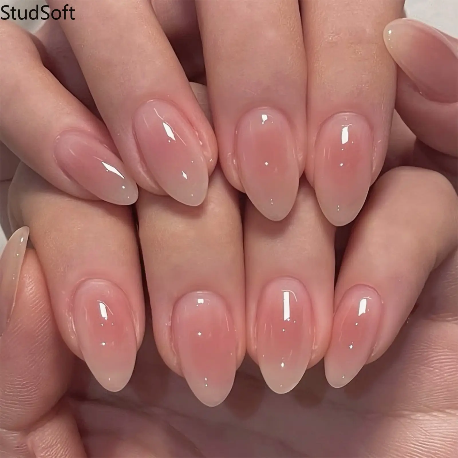 24PCS Nude Pink Blush Press on Nails Jelly Glossy Fake Nails Full Cover Medium Oval Artificial False Fingernails Clean Girl Wedding Daily Wear