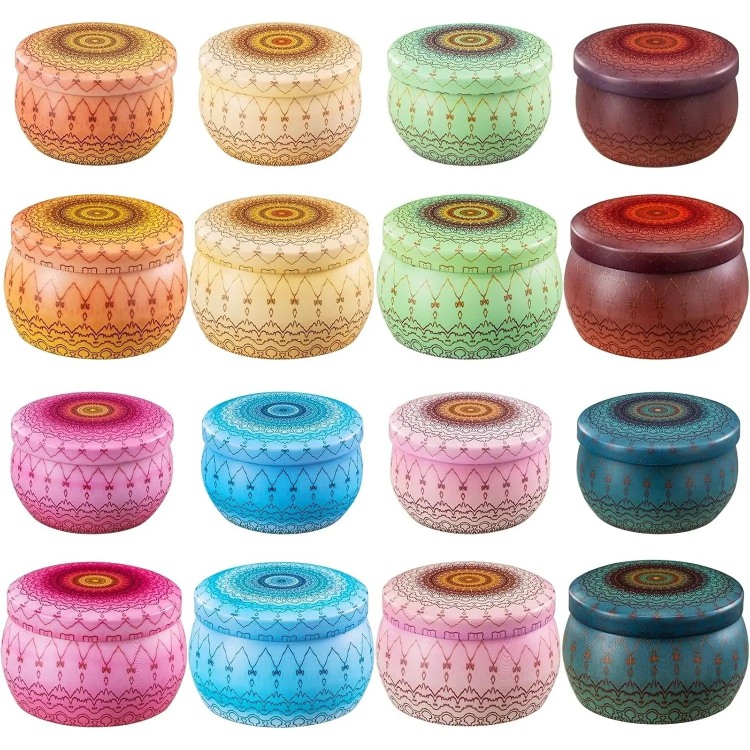 Candle Tins with Lid, 16pcs 8 Designs Tinplate Cans with Wicks, Wick Holders, Wick Stickers for Candle Making (2.5oz X 8 PCS & 4.5oz X 8 PCS)