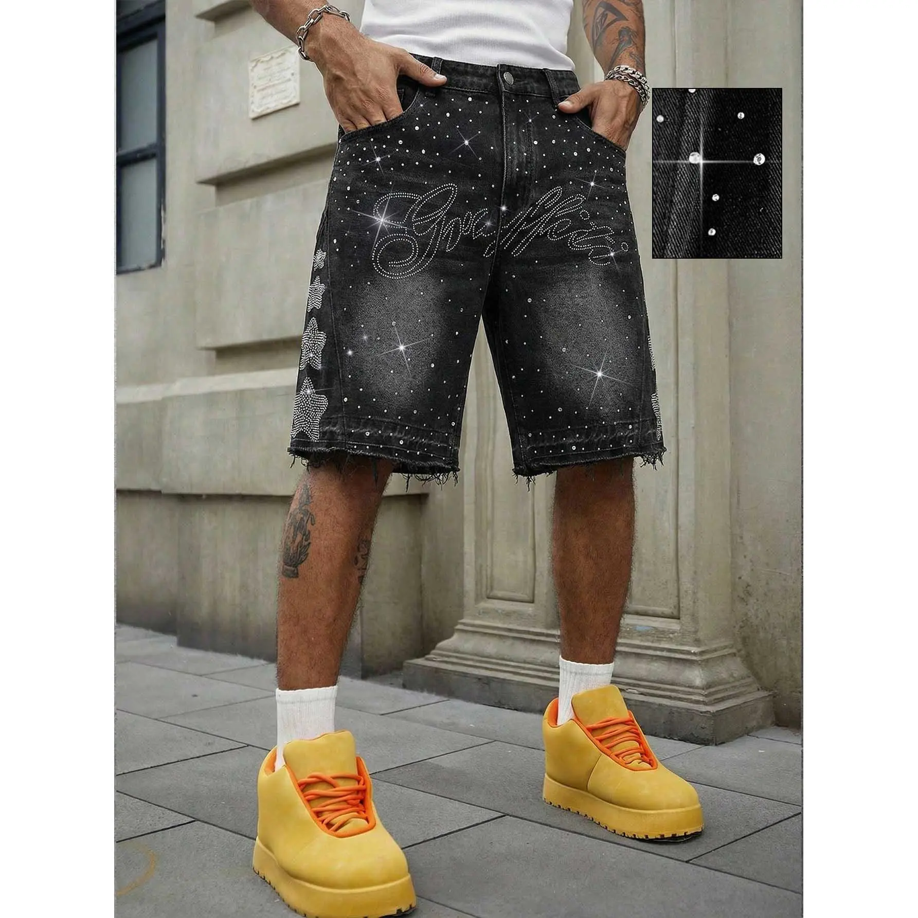 Men's Jorts, Loose-Fitting 2000s Streetwear Denim Bermuda Shorts with Rhinestone Star & Letter Graphic and Hand-Finished Frayed Texture, Polyester, Hot Drill, High-Density Breathable Washed Cotton Denim, Snap, Button, Cursive Letter, Industrial Heat-Press