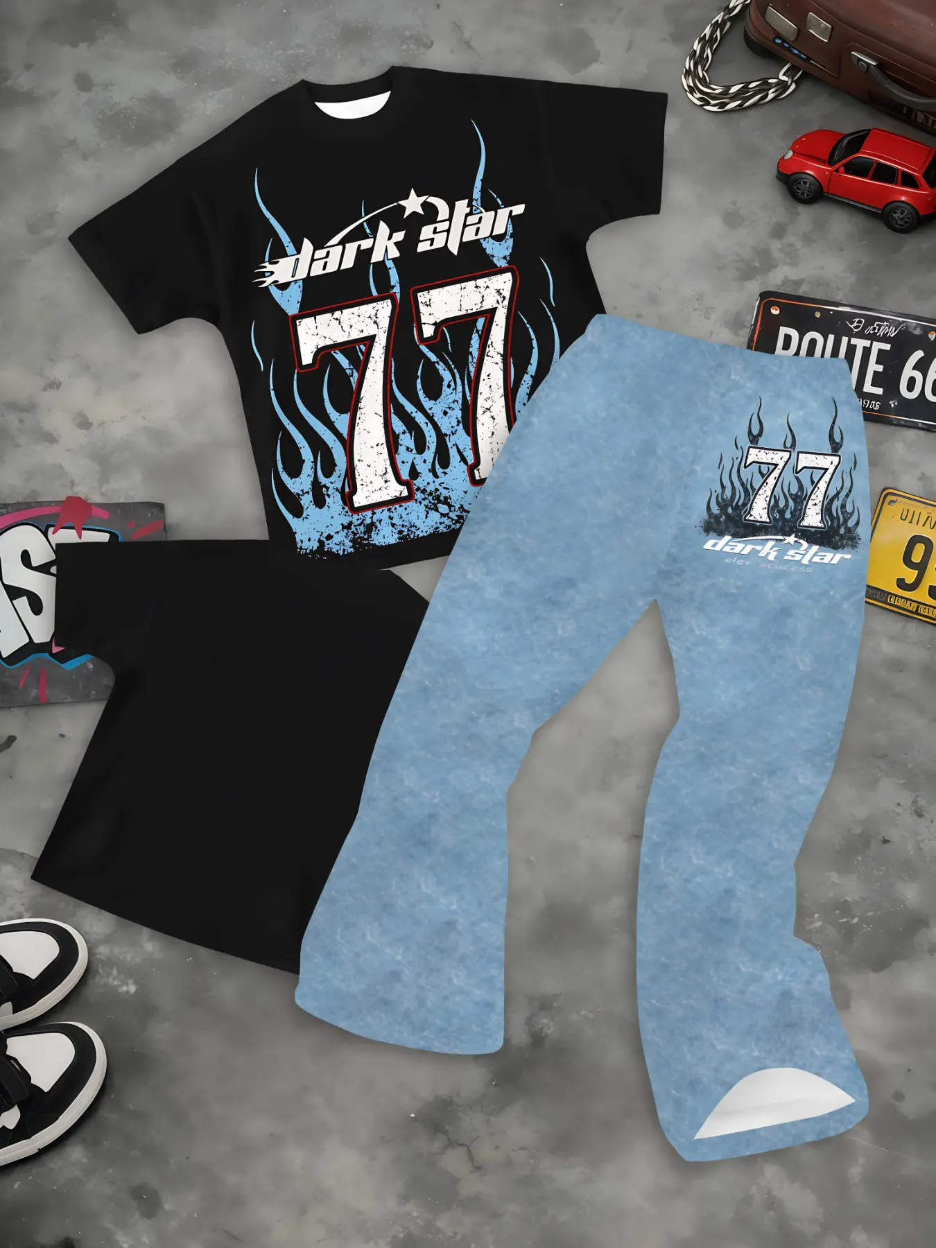 Vintage Distressed 77 Flame Dark Star Print Men Short Sleeve Curved Pants Set Soft Stretchy Loose Fit 2 Piece Streetwear Outfit Skate Daily Casual Viral Retro Western Hip Hop Men Fashion