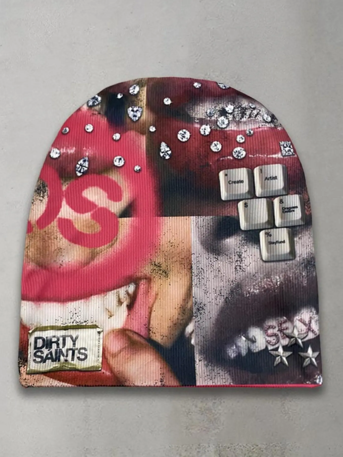Y2K Subculture Colorblock Knit Hat, American Retro Bold Rhinestone Lip Keyboard Pattern, Street Style Loose-Fitting Cap, Beanie Hats