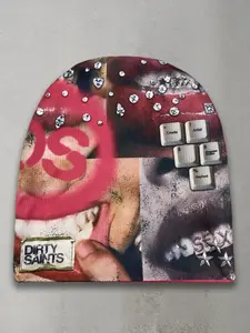Y2K Subculture Colorblock Knit Hat, American Retro Bold Rhinestone Lip Keyboard Pattern, Street Style Loose-Fitting Cap