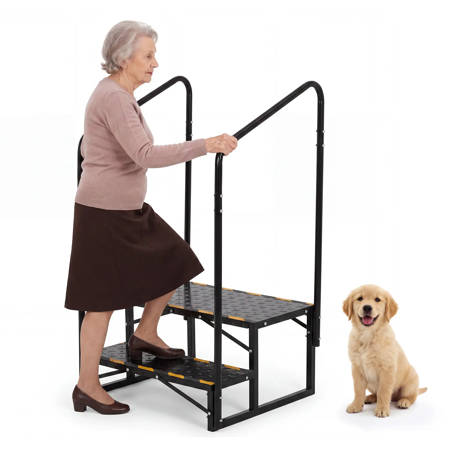 RV Steps with Double Handrails – Heavy Duty Anti-Slip Outdoor Stairs for Travel Trailer, Camper, Hot Tub, Mobile Home, Porch & Pool, Portable Entry Ladder for Seniors & Elderly