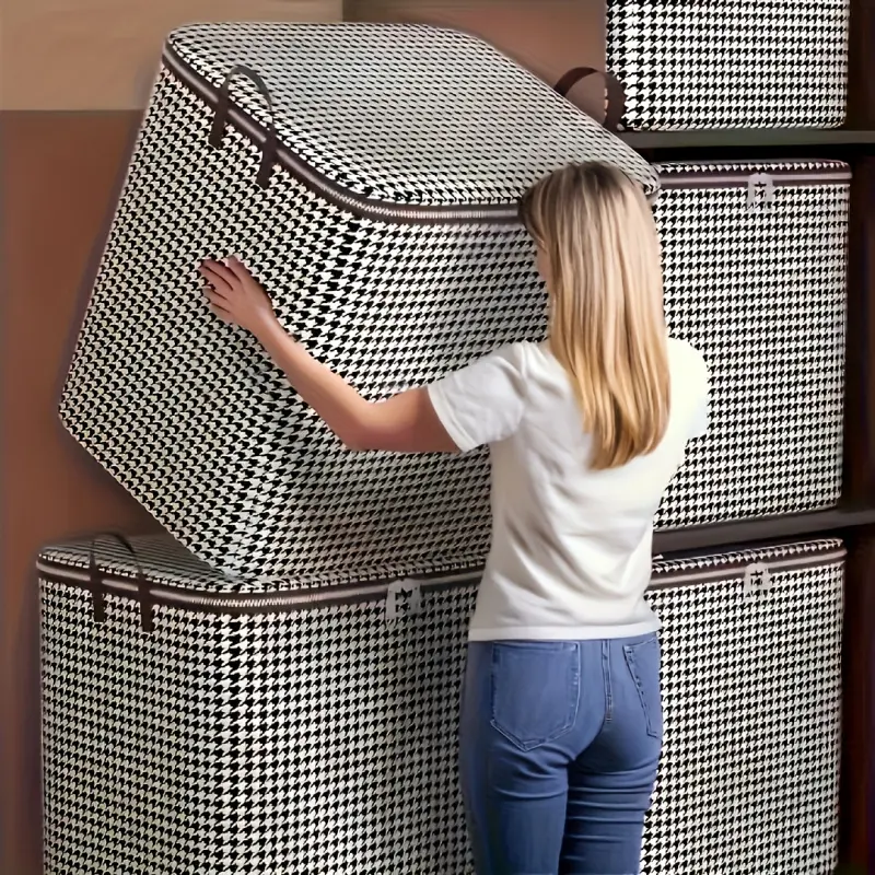 4 Pcs Large Storage Box Set, Black & White Checkered Pattern, Dual Zippers, Lidded Stackable with Carrying Handles, Ideal for Moving, Travel, Home Organization, Perfect for Seasonal Clothes Storage & Under-Bed Use