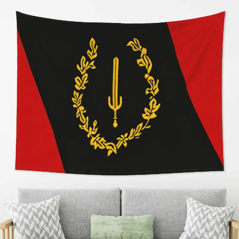 Black Red Underground Emblem Tapestry, Golden Sword, Laurel Branches and Script Symbols on Diagonal Color Blocks Wall Hanging for Bedroom Dorm Music Room Studio Game Room, Dark Street Insignia Home Decor, Peach Skin Fabric, Multiple Sizes Available
