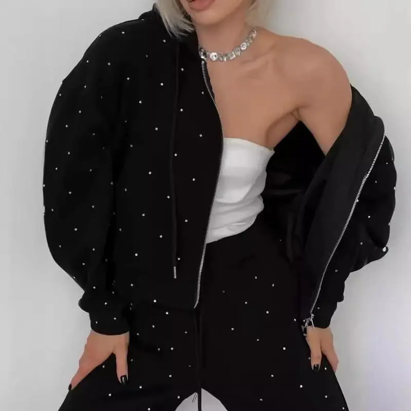 Women's Rhinestone-Embellished Hooded Tracksuit Set