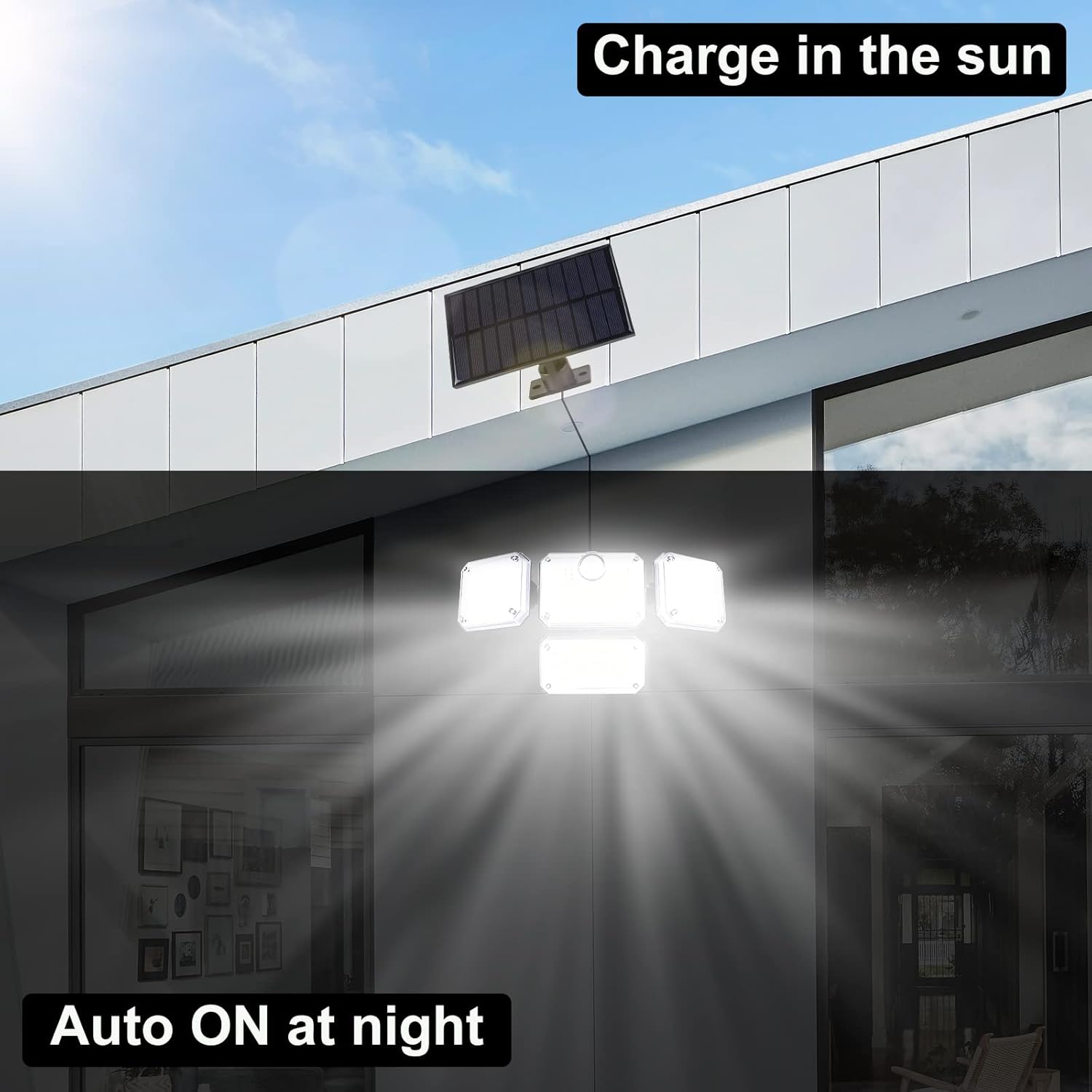 Solar Powered Outdoor Light, 4-head LED Motion Sensor Light with Remote Control, Waterproof Security Light for Front Door, Yard, Garage