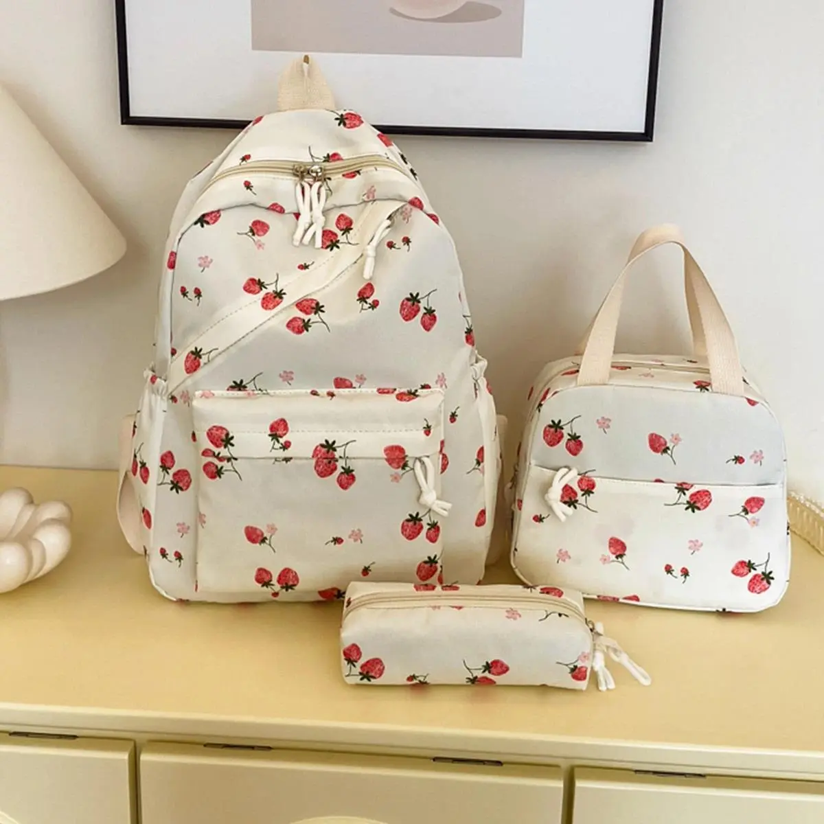 Fashionable Cute Strawberry Backpack Set 3Pcs Handbag&Pen Pouch Quilted Nylon Women's Dual Zipper Campus Commute Essentials