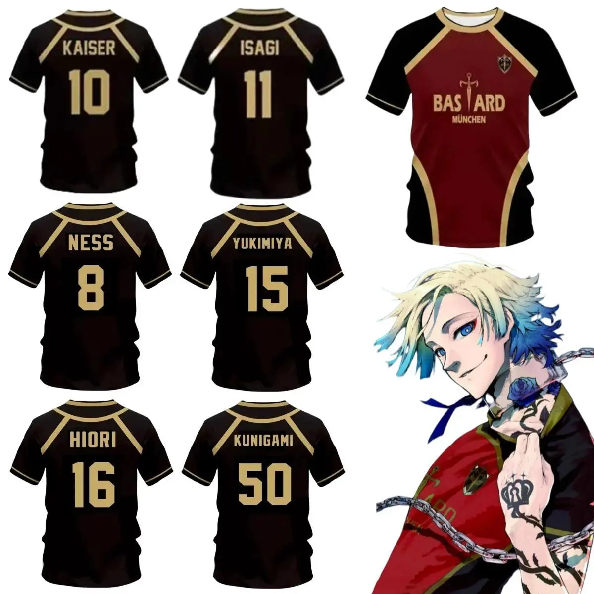 Japan Anime Cosplay Football Clothes - Polyester 3D Printed Shirt for Bastard Munchen Characters Michael Kaiser, Isagi, Yukimiya, Reo, Ness, Hiori
