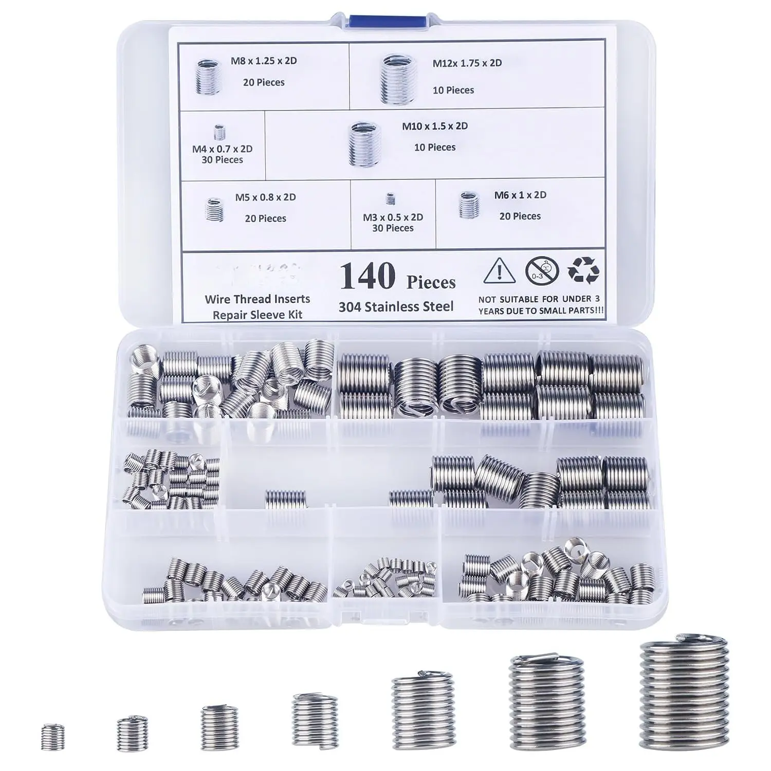 Thread Repair Inserts Kit 140 count 304 Stainless Steel Metric Thread Insert | M3 M4 M5 M6 M8 M10 M12 Wire Thread Repair Inserts for Automotive, Machinery, Engine Repair