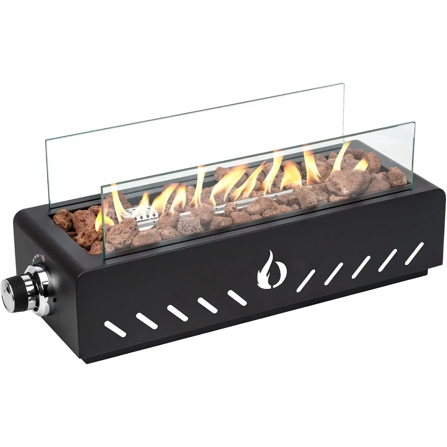 18"  Gas Fire Pit with Glass Wind Guard & Lava Rocks, Portable Tabletop  Firepit Side-Mounted for Patio Backyard Camping Tailgating RV, Hose Included, FP026
