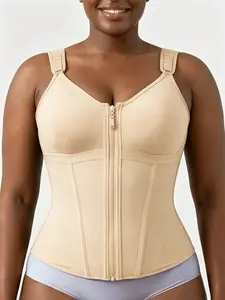 1 Count Women's Solid Color Waist Cincher Vest, Colombian Shapewear, Fajas, Adjustable Wide Shoulder Straps Zipper Shapewear Tank, High Compression Elasticity Waist Trainer Top, Suitable For Work Daily Wear & All Season