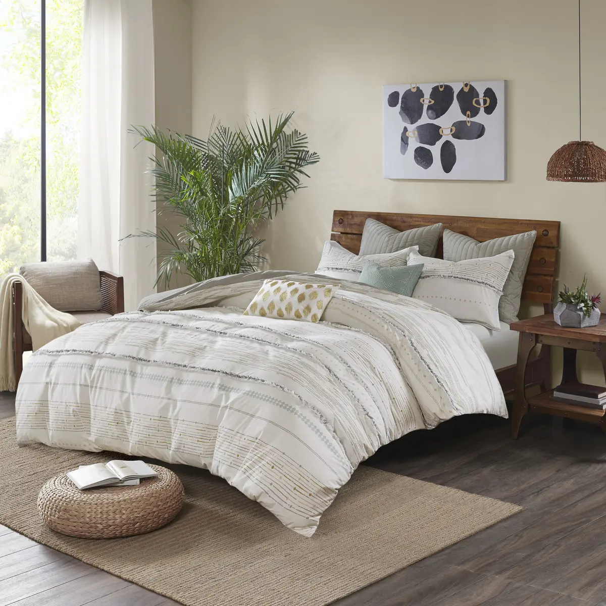 Nokaa Full/Queen Cotton Printed Duvet Cover Set with Tassels, Boho Striped Bedding, Button Closure, Corner Ties, Machine Washable, 3-Piece Set for Bedroom Guest Room