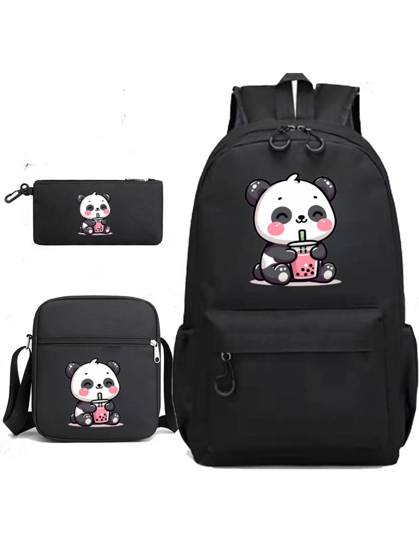 Cute Cartoon Panda Backpack Combo 3 in 1 School Backpack Set Lightweight School Bookbag Casual Crossbody Purse Pencil Pouch for Kids Teens Student