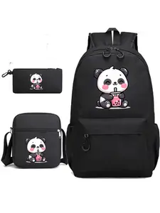 Cute Cartoon Panda Backpack Combo 3 in 1 Lightweight School Bookbag Casual Crossbody Purse Pencil Pouch for Kids Teens Student