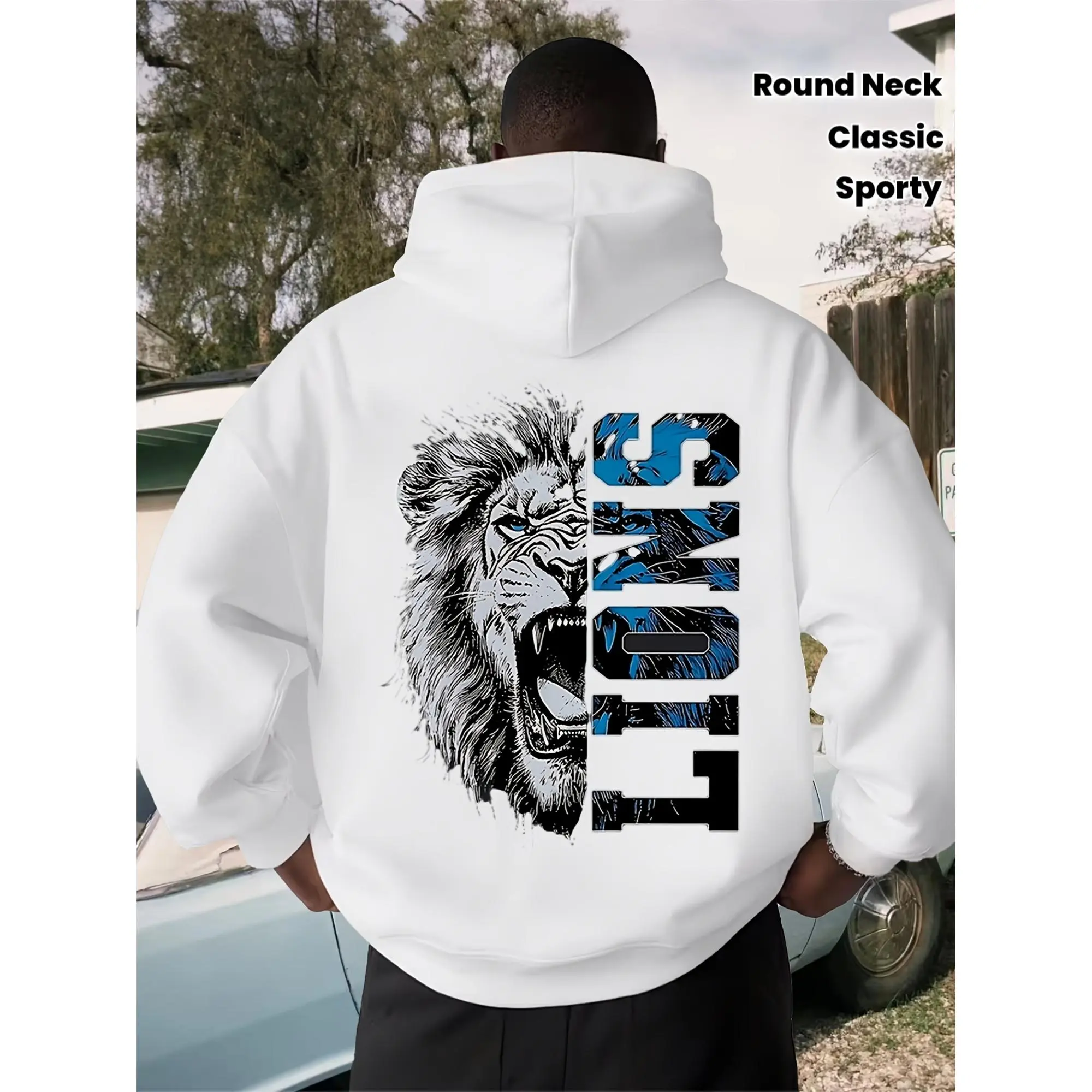 Distressed lion head print design, street style, classic retro style, round neck sporty hooded sweatshirt, machine washable, the top choice for casual sportswear, comfortable sporty printed sweatshirt, suitable for all seasons, hooded sweatshirt |     Com