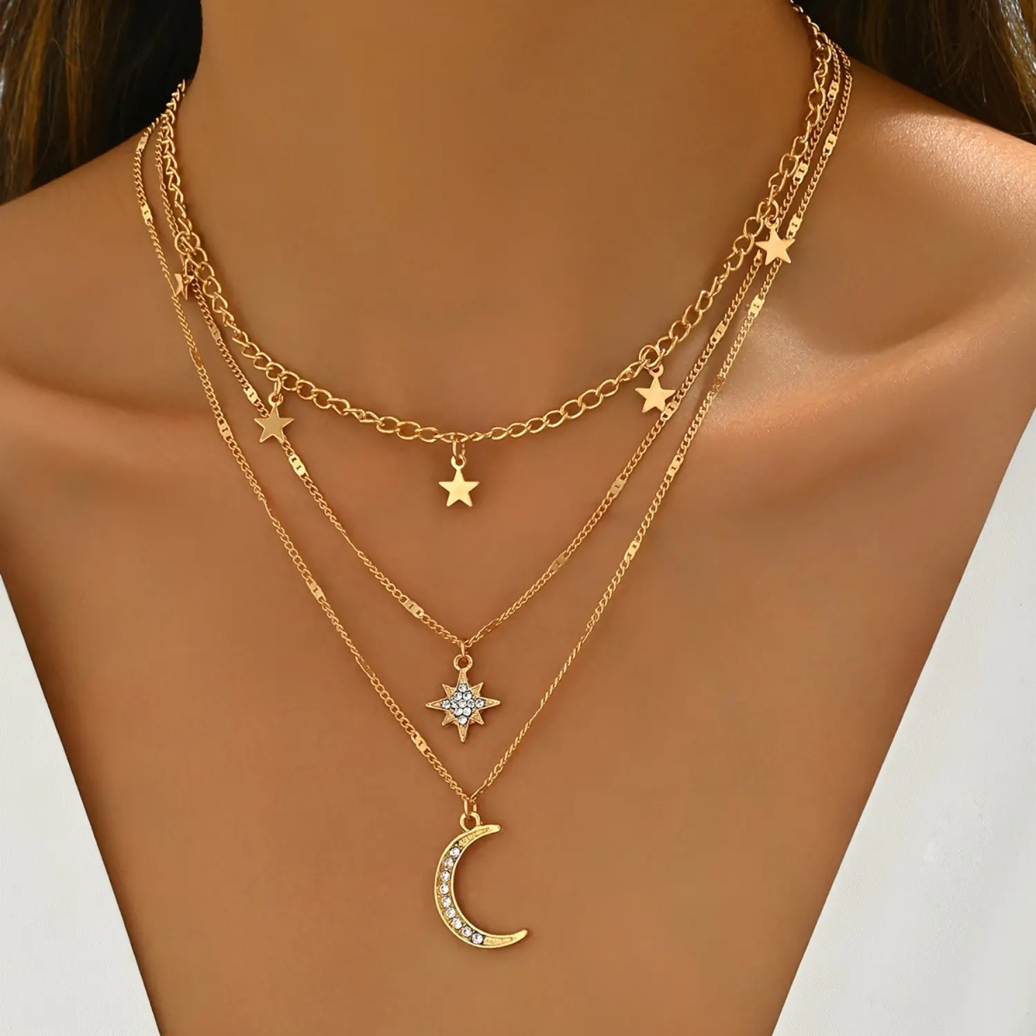 Women's 3-Tier Layered Gold Celestial Necklace - Dainty Multi-Chain Rhinestone Choker with North Star, Crescent Moon Pendants, Sparkling Crystal, Metal Coating, Ideal for Daily, Party Use, Female Gift