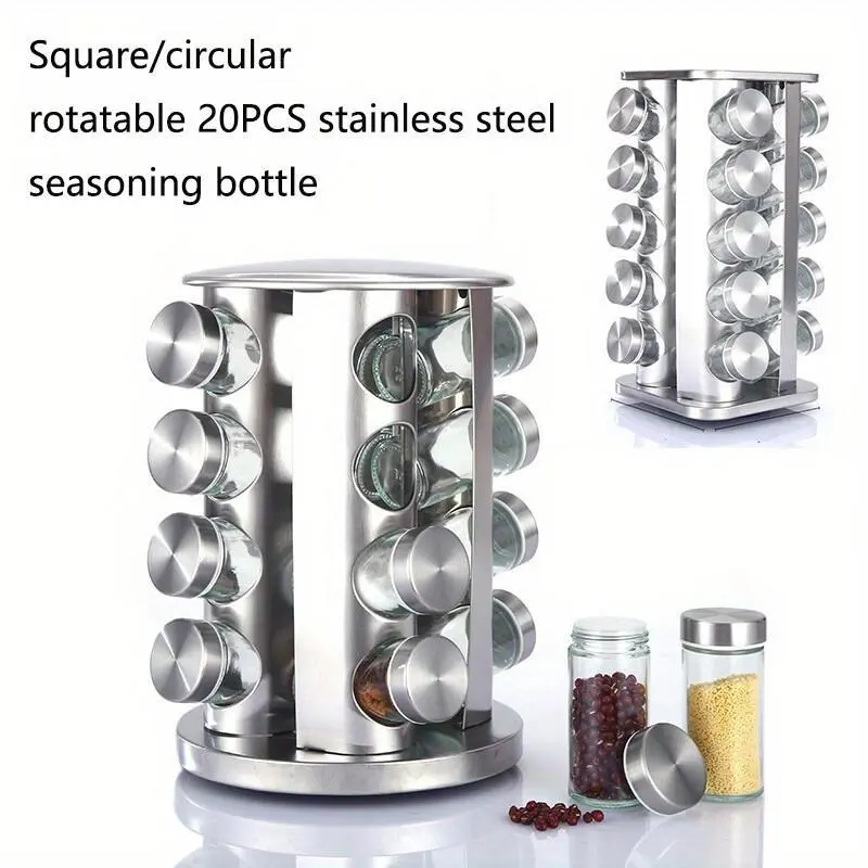 Rotating Round Spice Jar Set, Stainless Steel Glass Seasoning Containers with Storage Rack, Multi-Purpose Kitchen Condiment Organizer Kit