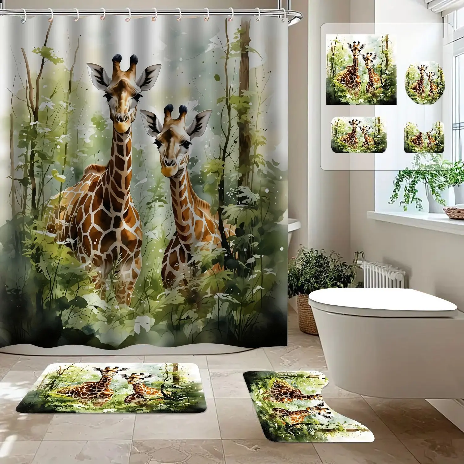 1/4pcs Jungle Giraffe Plant Print Shower Curtain Set, Waterproof Polyester Bath Curtain, Bathroom Home Decor, Fashion Shades