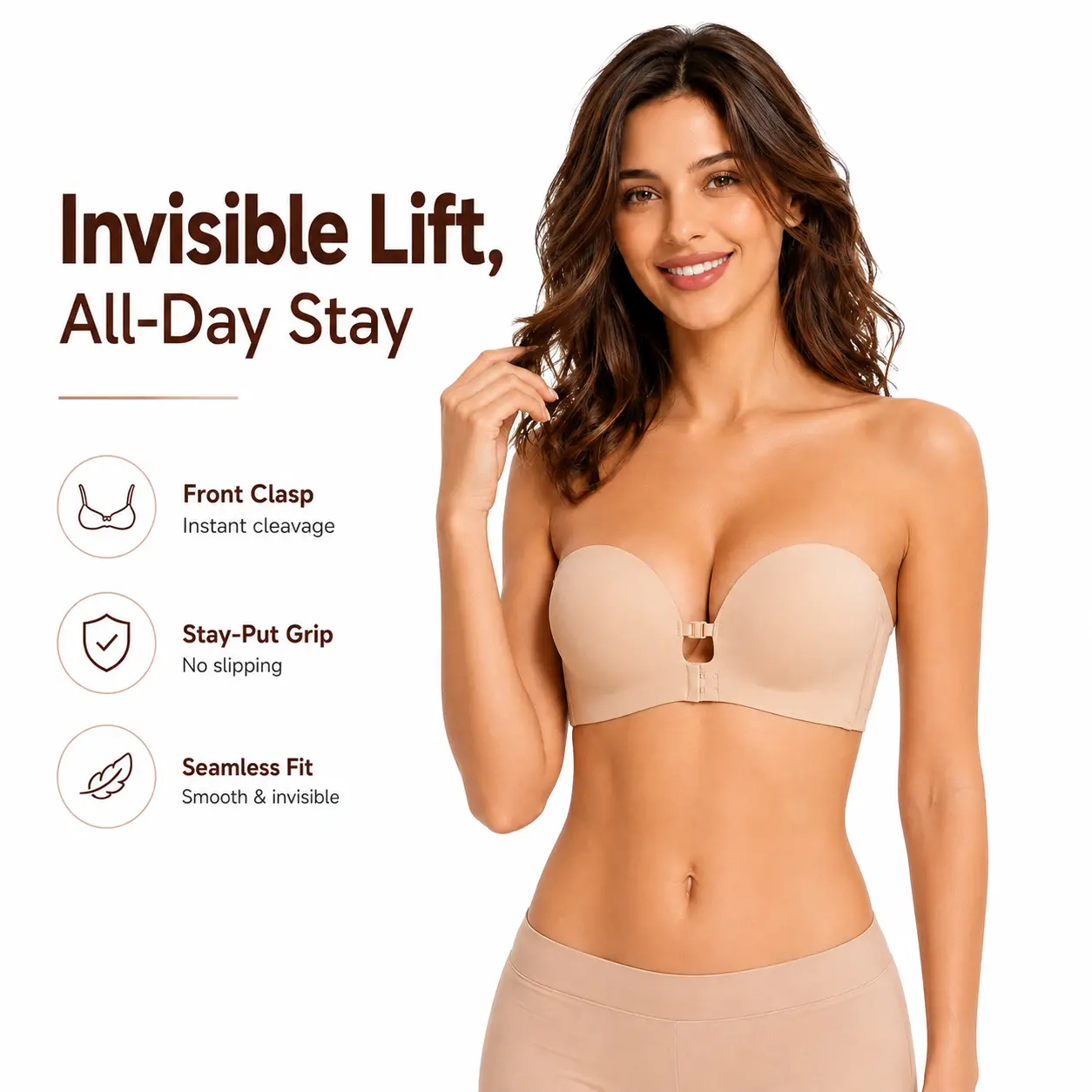 Women's Seamless Push-Up Strapless Bra - Anti-Slip Side Buckle, Front Closure, Padded Shaping Pads, Wireless Support, Adjustable, Anti-Sag, All-Day Comfort, Spandex Tube Jelly Bra, Slimming, Machine Washable, Fits A/B/C Cup, Strapless Bra Push Up, All-Day